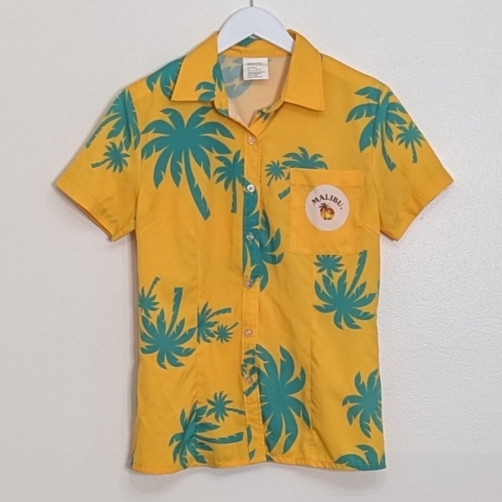 Hawaiian Shirt Women Button Down Small Malibu Rum Promotional Palm Tree